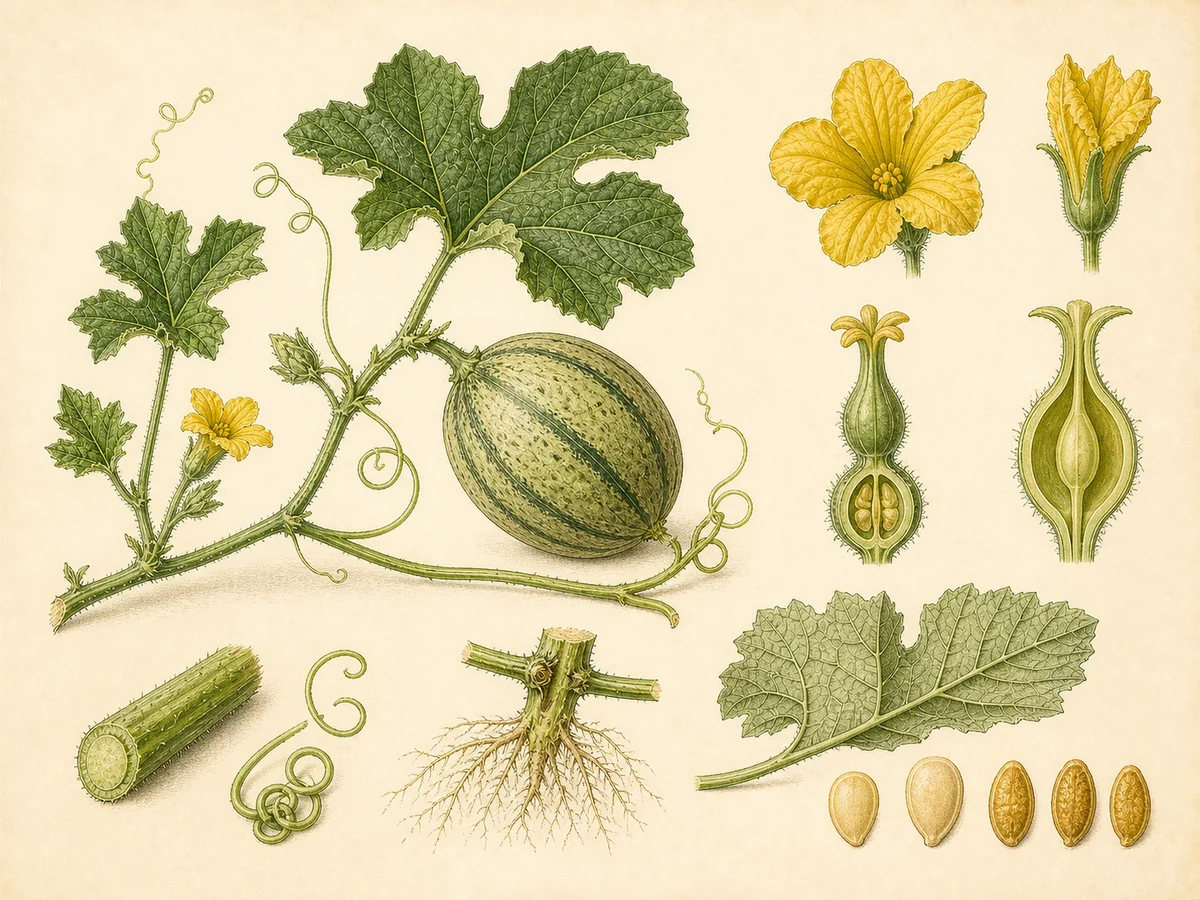 Prancha botânica complementar de Melão (Cucumis melo) com caracteres de identificação e ciclo de vida