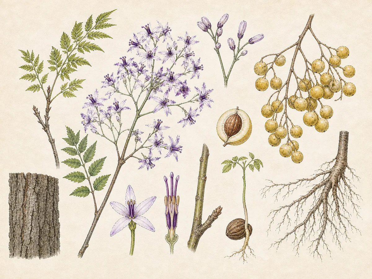 Prancha botânica complementar de Mélia (Melia azedarach) com caracteres de identificação e ciclo de vida