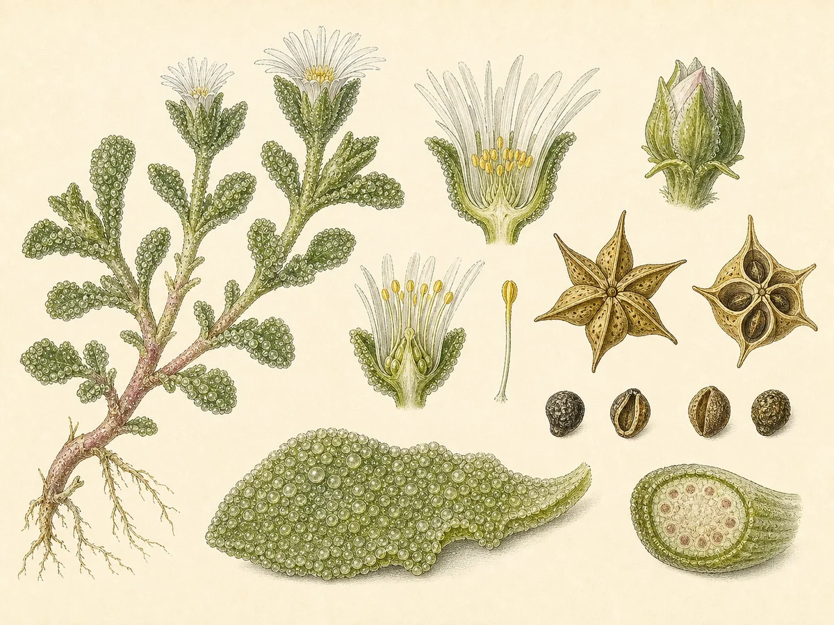 Prancha botânica complementar de Erva-gelada (Mesembryanthemum crystallinum) com caracteres de identificação e ciclo de vida