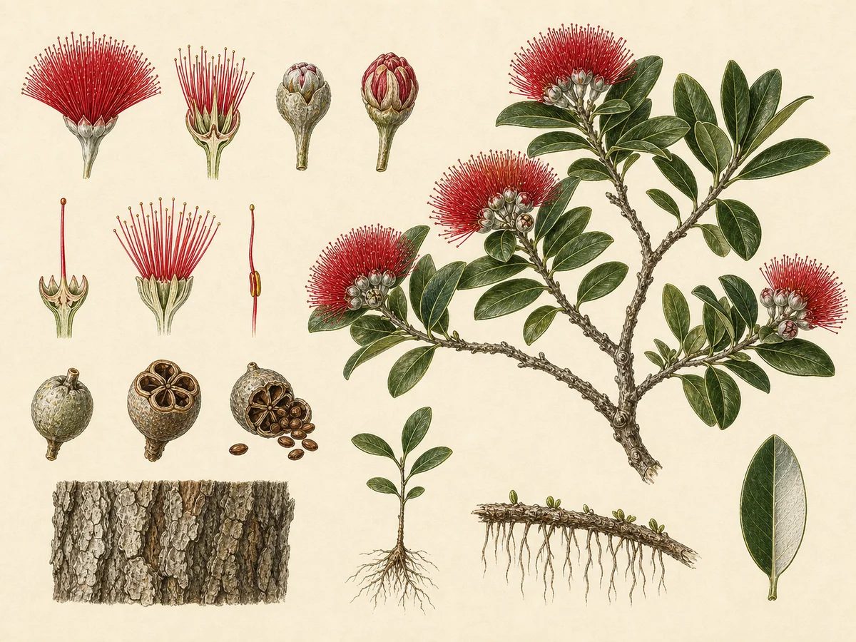Prancha botânica complementar de Metrosídero (Metrosideros excelsa) com caracteres de identificação e ciclo de vida