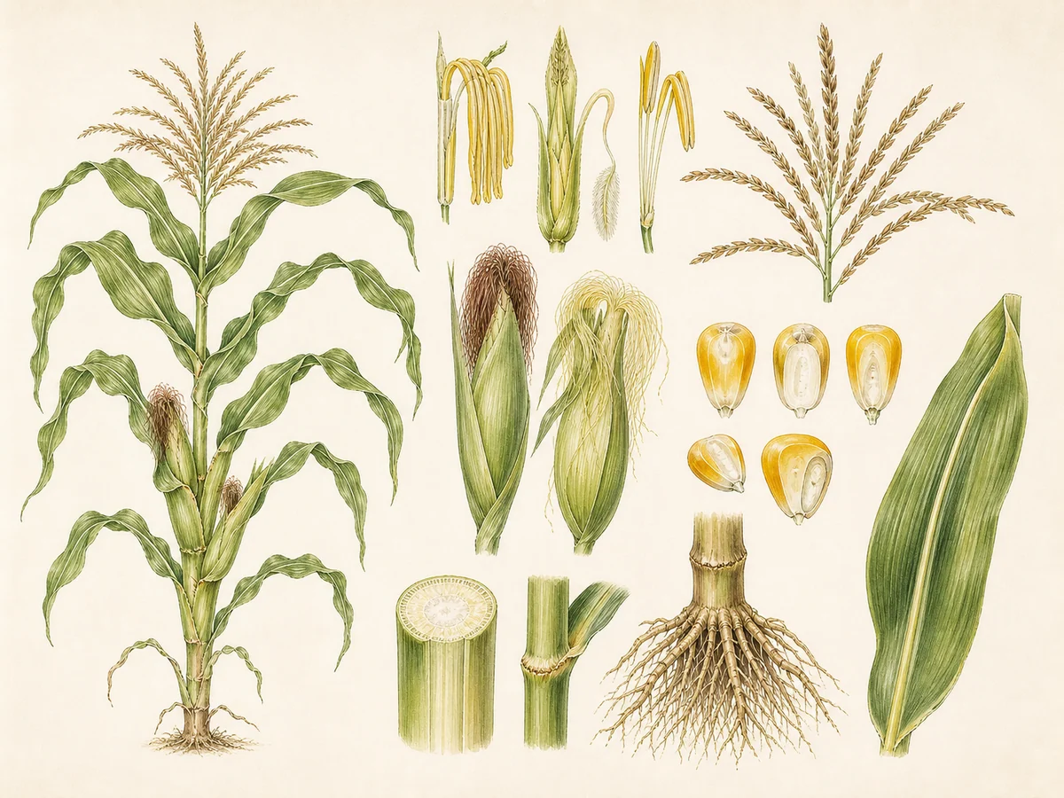 Prancha botânica complementar de Milho-forrageiro (Zea mays) com caracteres de identificação e ciclo de vida