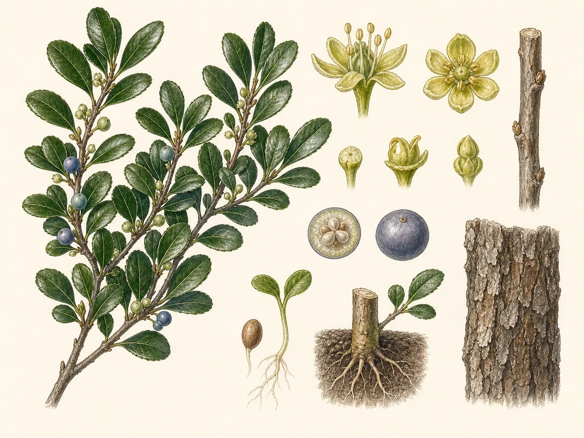 Prancha botânica complementar de Mírsine-africana (Myrsine africana) com caracteres de identificação e ciclo de vida