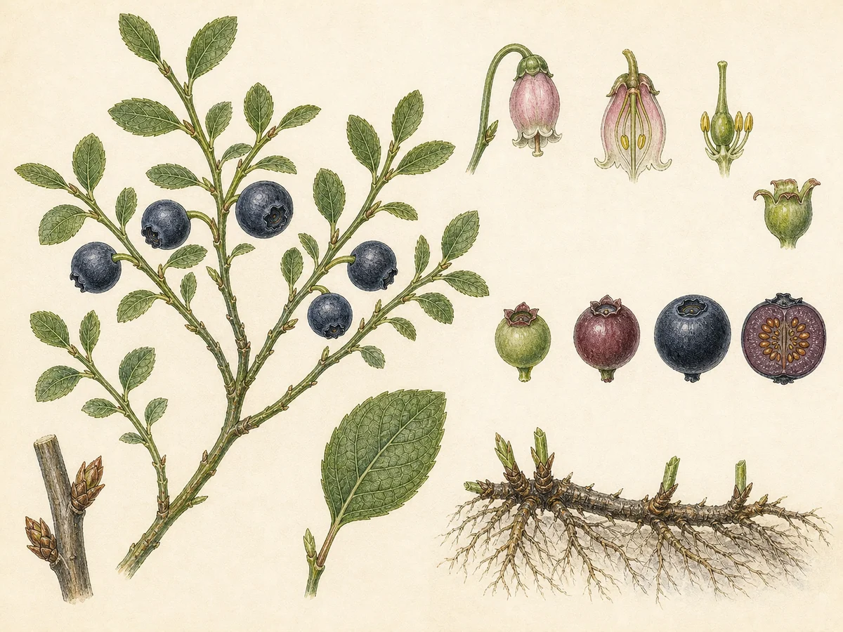 Prancha botânica complementar de Mirtilo-bravo (Vaccinium myrtillus) com caracteres de identificação e ciclo de vida