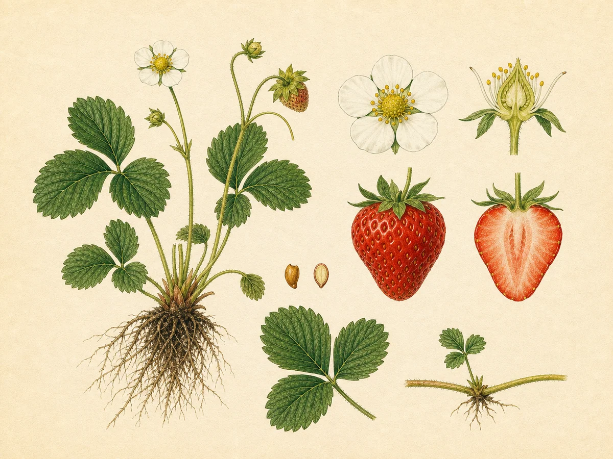 Prancha botânica complementar de Morangueiro (Fragaria × ananassa) com caracteres de identificação e ciclo de vida