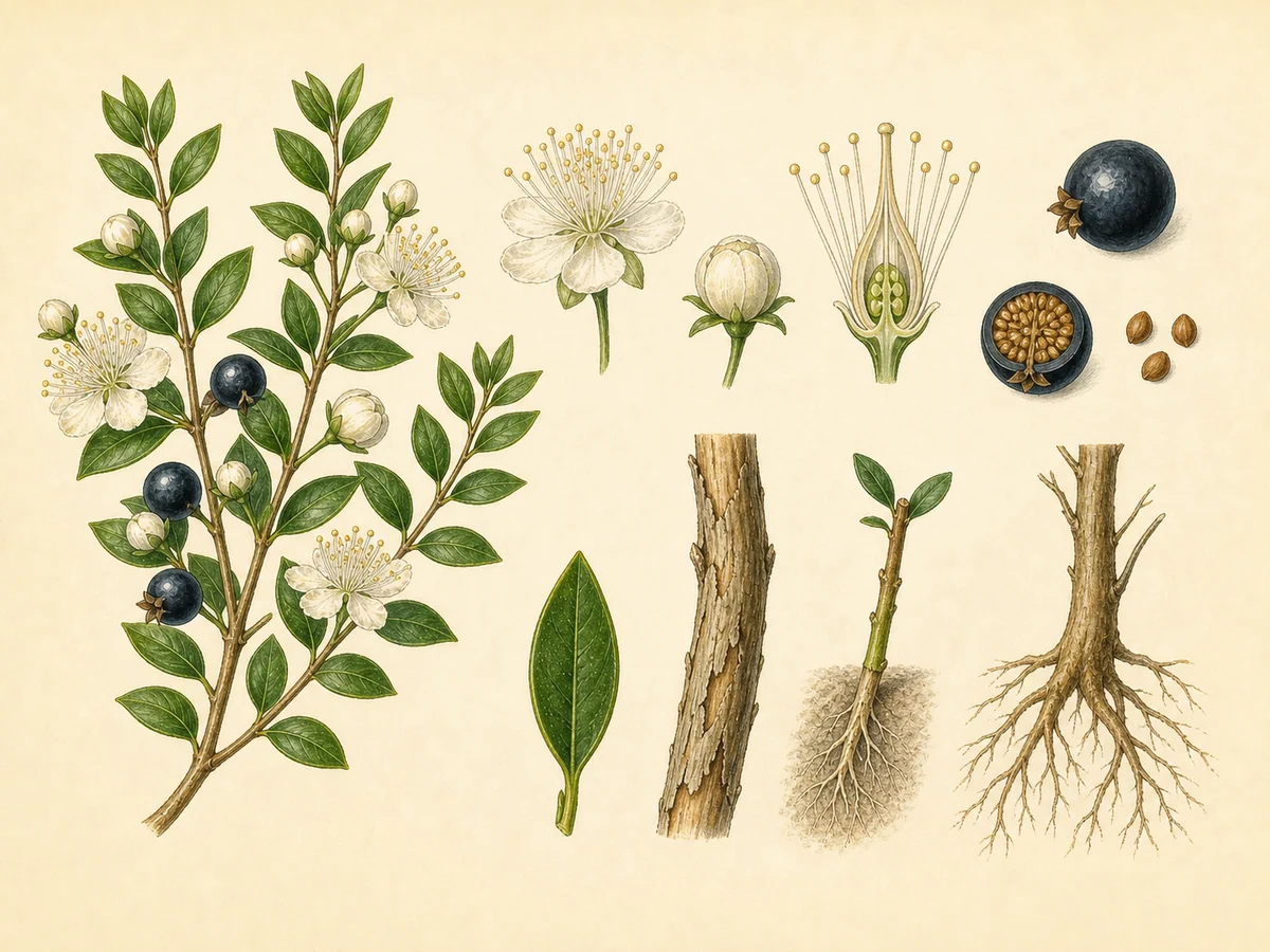 Prancha botânica complementar de Murta (Myrtus communis) com caracteres de identificação e ciclo de vida