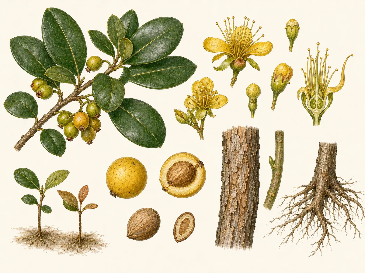 Prancha botânica complementar de Muruci (Byrsonima crassifolia) com caracteres de identificação e ciclo de vida