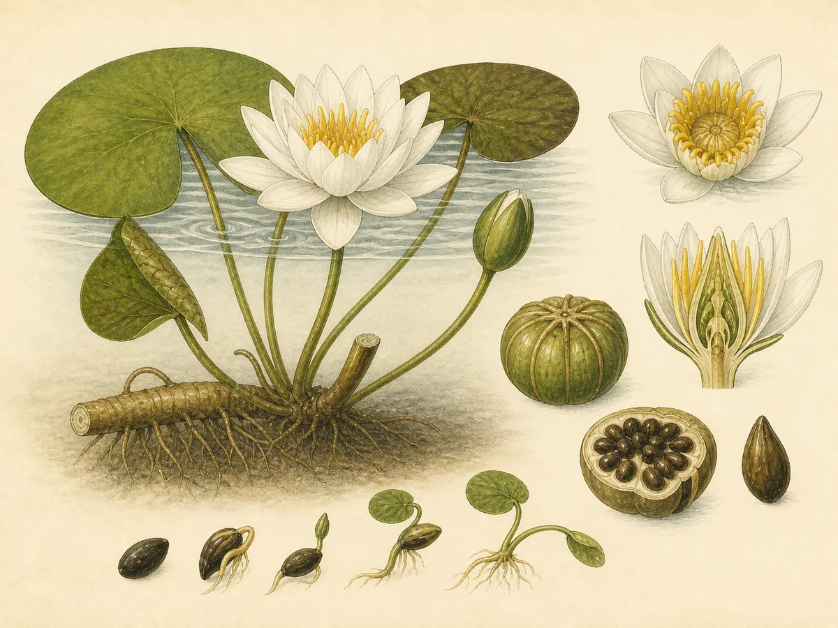 Prancha botânica complementar de Nenúfar-branco (Nymphaea alba) com caracteres de identificação e ciclo de vida