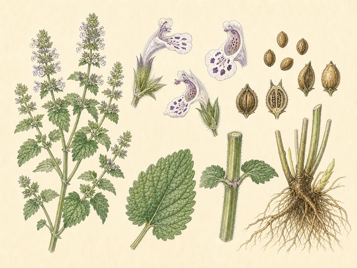 Prancha botânica complementar de Nêveda-dos-gatos (Nepeta cataria) com caracteres de identificação e ciclo de vida