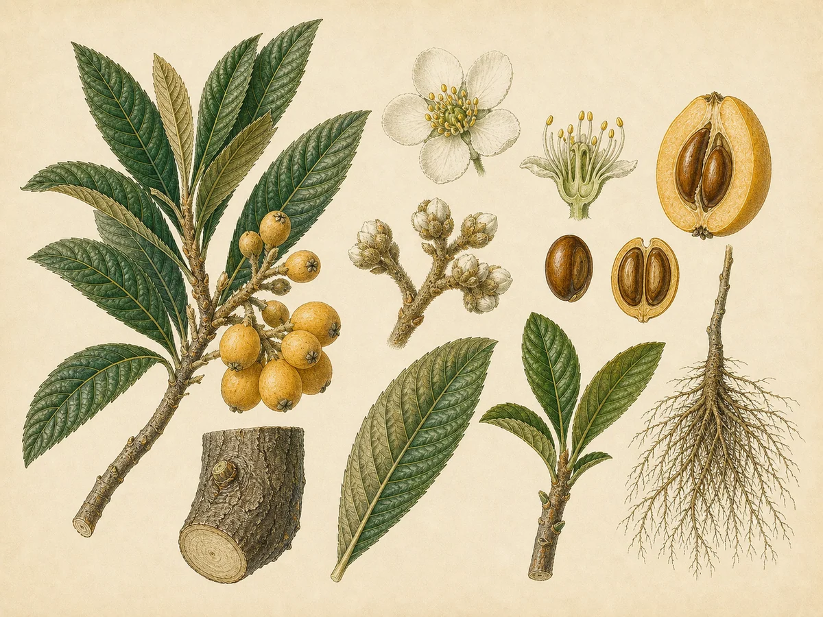Prancha botânica complementar de Nespereira-do-Japão (Eriobotrya japonica) com caracteres de identificação e ciclo de vida