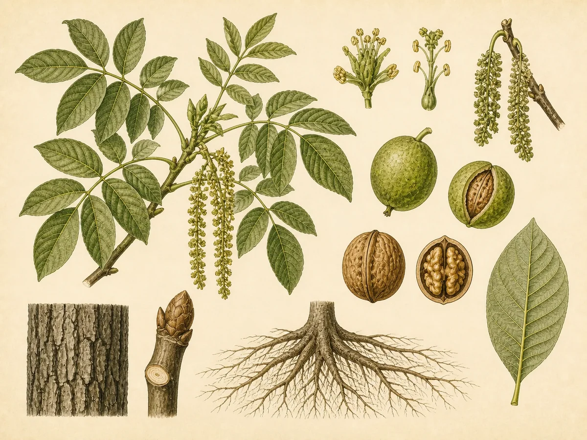 Prancha botânica complementar de Nogueira (Juglans regia) com caracteres de identificação e ciclo de vida