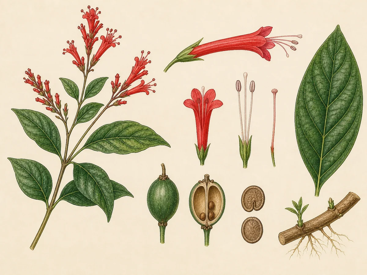 Prancha botânica complementar de Odontonema-vermelho (Odontonema tubaeforme) com caracteres de identificação e ciclo de vida