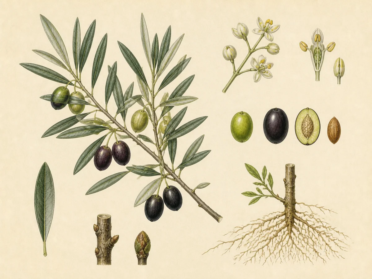 Prancha botânica complementar de Oliveira (Olea europaea) com caracteres de identificação e ciclo de vida