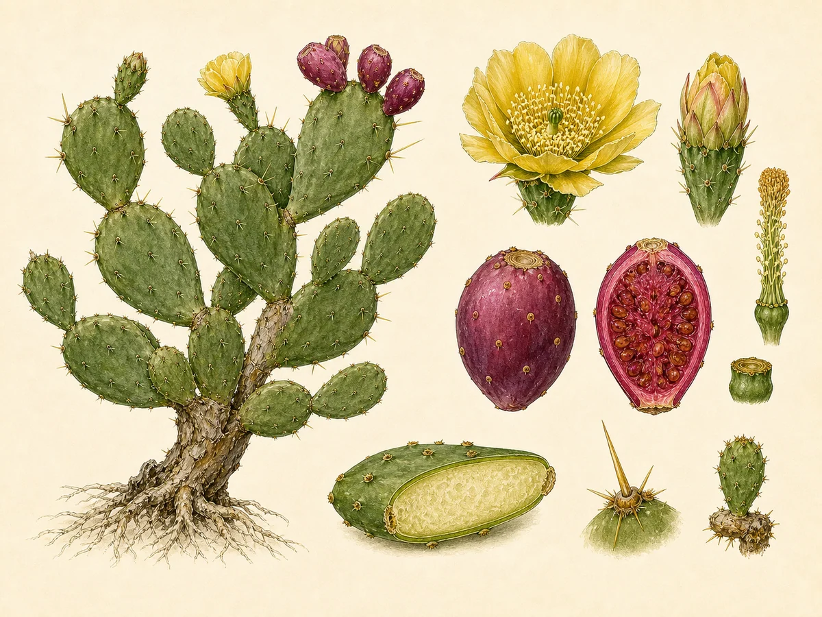 Prancha botânica complementar de Figueira-da-índia-espinhosa (Opuntia tuna) com caracteres de identificação e ciclo de vida