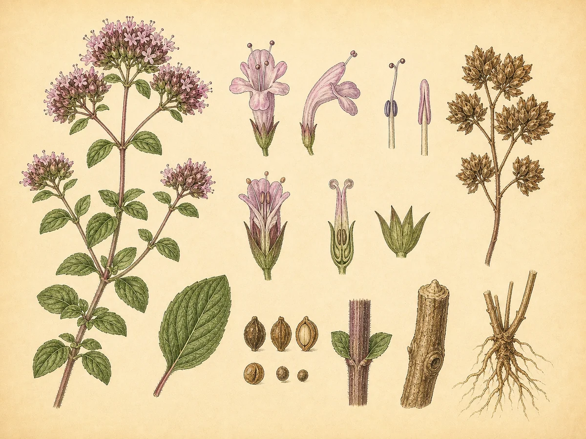 Prancha botânica complementar de Orégão-comum (Origanum vulgare) com caracteres de identificação e ciclo de vida