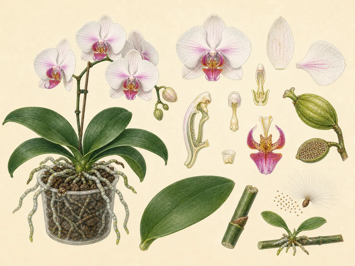 Prancha botânica complementar de Orquídea Phalaenopsis (Phalaenopsis × hybrida) com caracteres de identificação e ciclo de vida