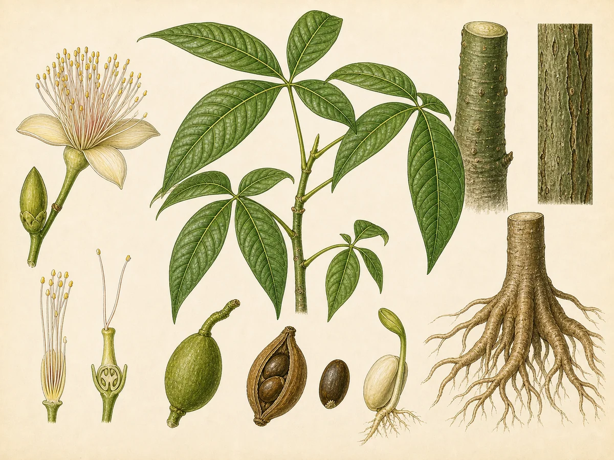 Prancha botânica complementar de Pachira-aquática (Pachira aquatica) com caracteres de identificação e ciclo de vida