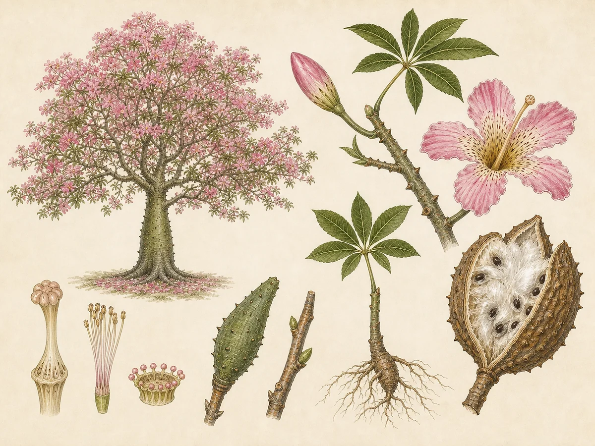Prancha botânica complementar de Paineira-rosa (Ceiba speciosa) com caracteres de identificação e ciclo de vida