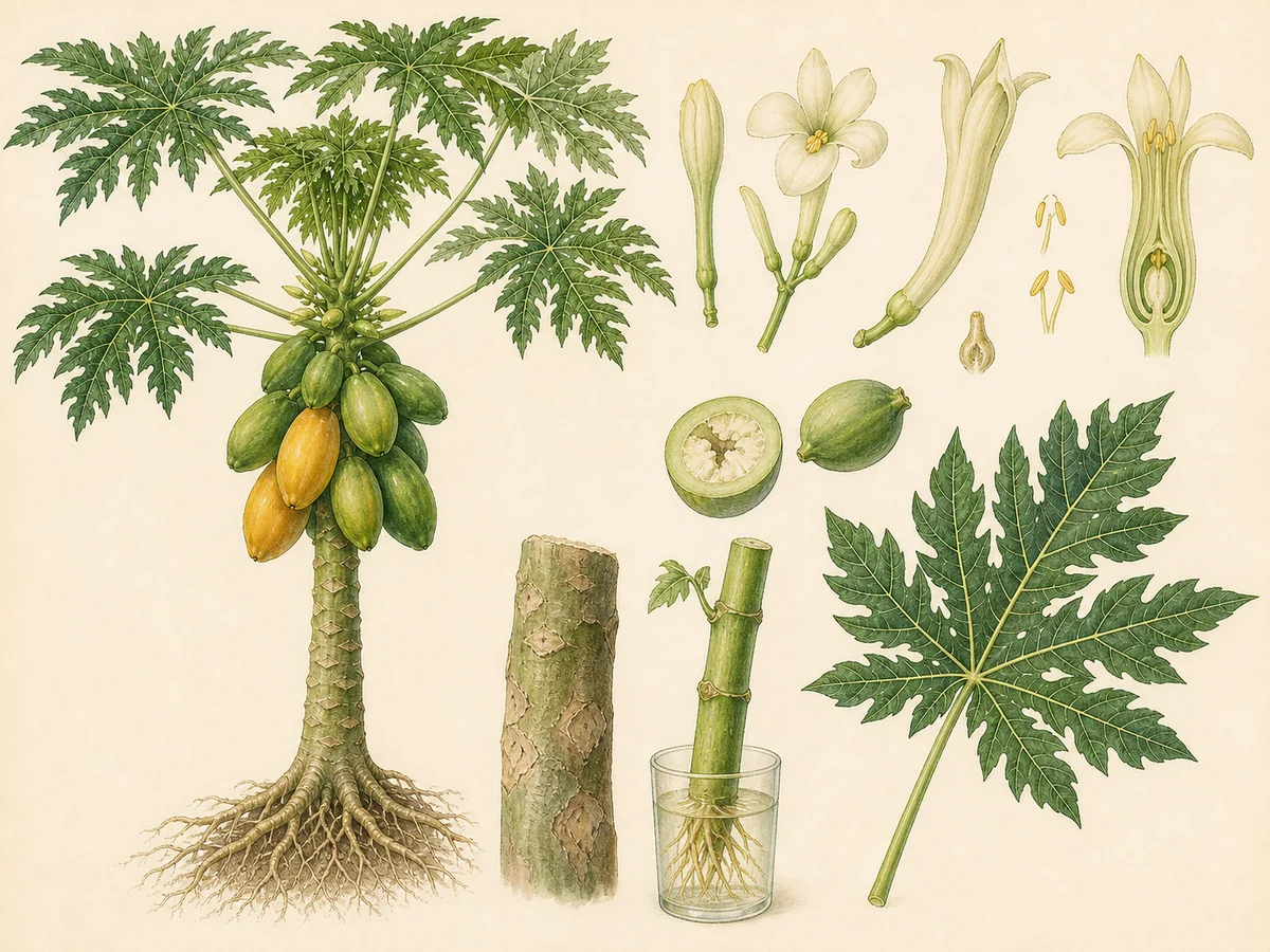 Prancha botânica complementar de Papaeira (Carica papaya) com caracteres de identificação e ciclo de vida