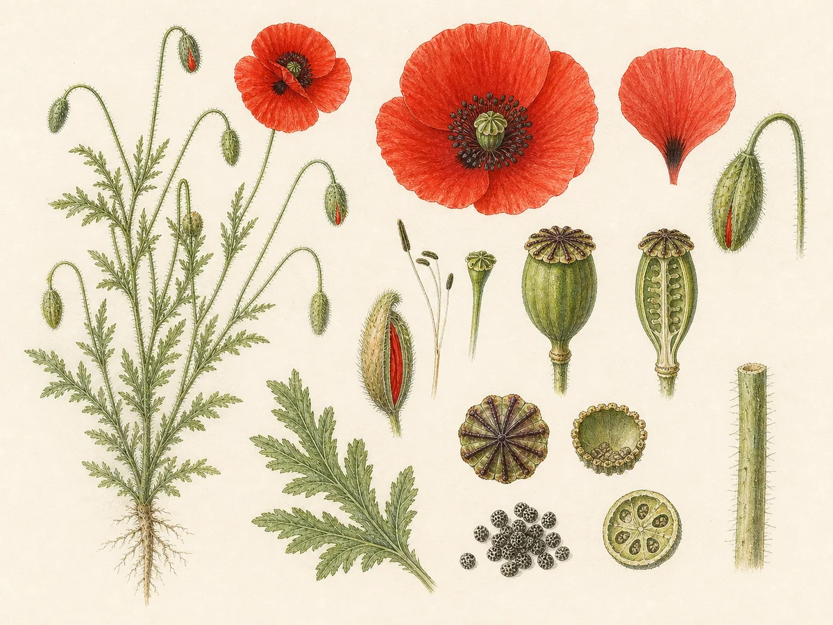 Prancha botânica complementar de Papoila-comum (Papaver rhoeas) com caracteres de identificação e ciclo de vida