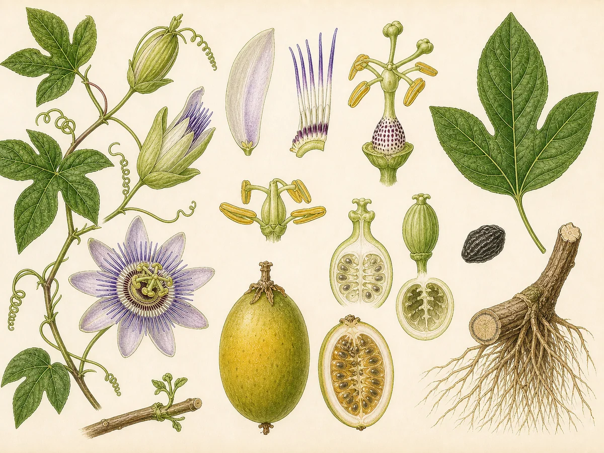 Prancha botânica complementar de Flor-da-paixão (Passiflora incarnata) com caracteres de identificação e ciclo de vida