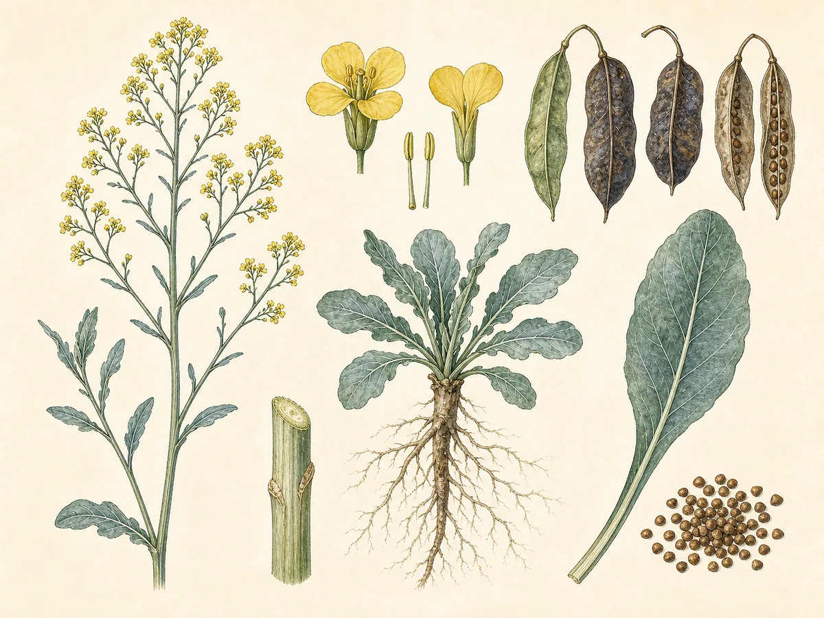 Prancha botânica complementar de Pastel-dos-tintureiros — não plantar na Madeira (Isatis tinctoria) com caracteres de identificação e ciclo de vida