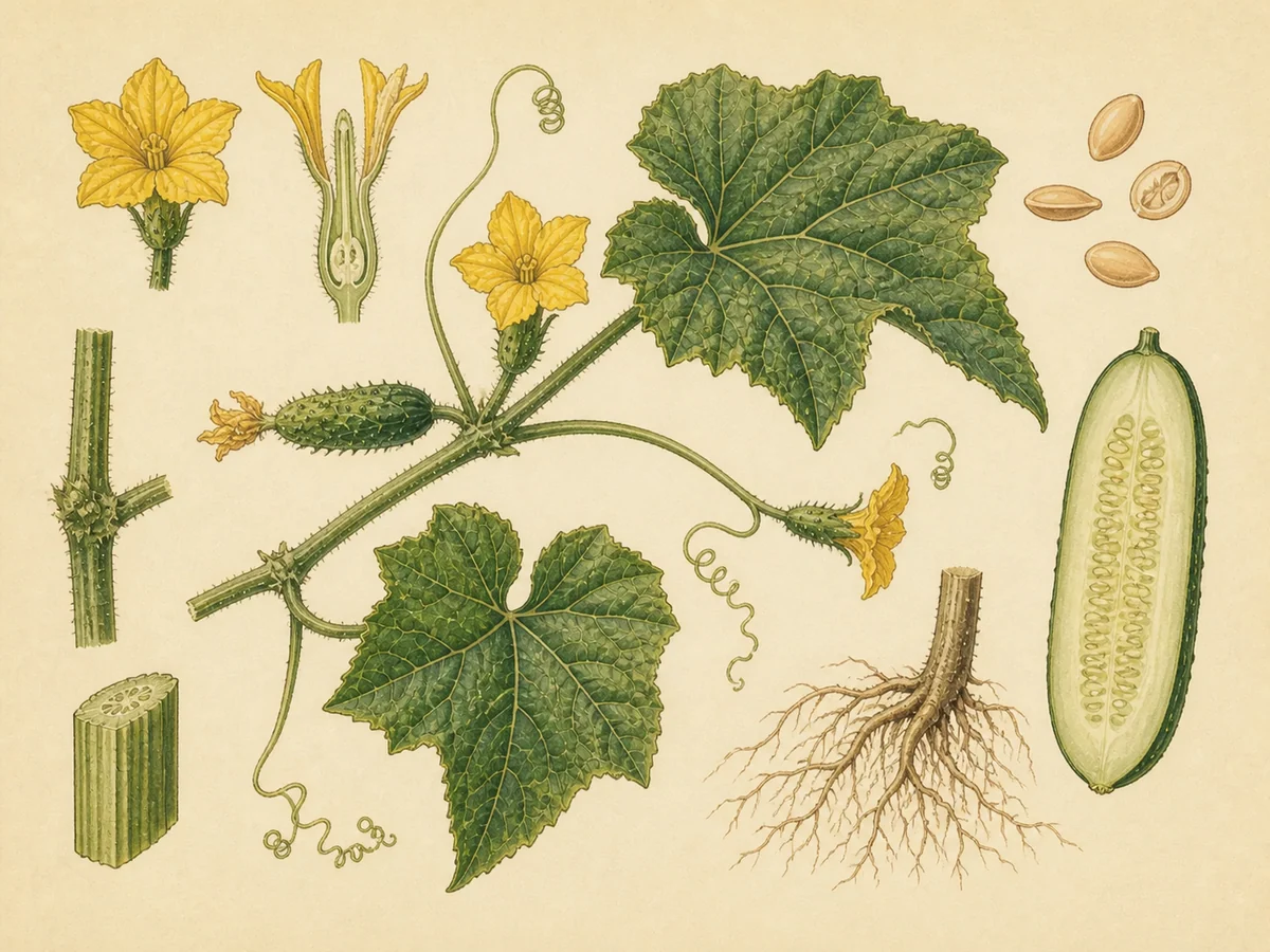 Prancha botânica complementar de Pepino (Cucumis sativus) com caracteres de identificação e ciclo de vida