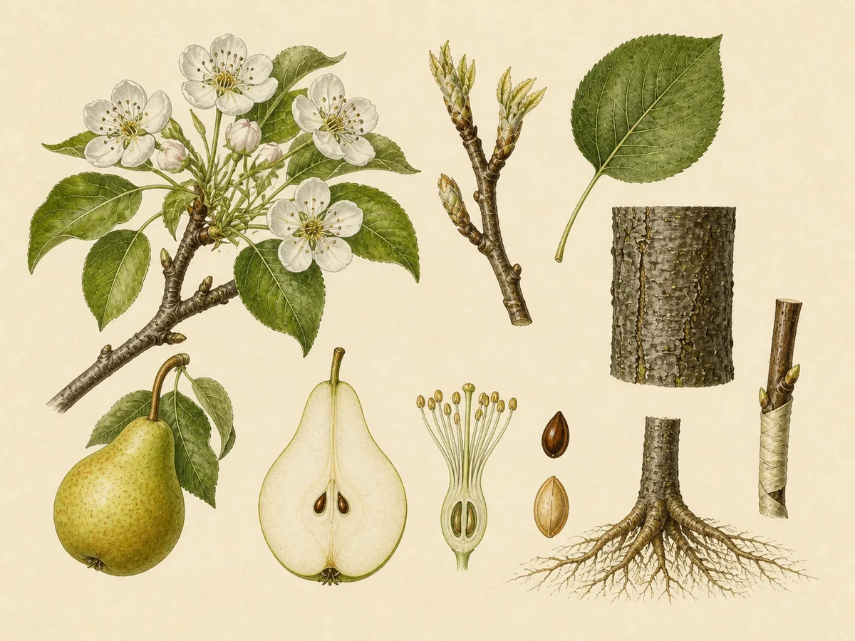 Prancha botânica complementar de Pereira (Pyrus communis) com caracteres de identificação e ciclo de vida