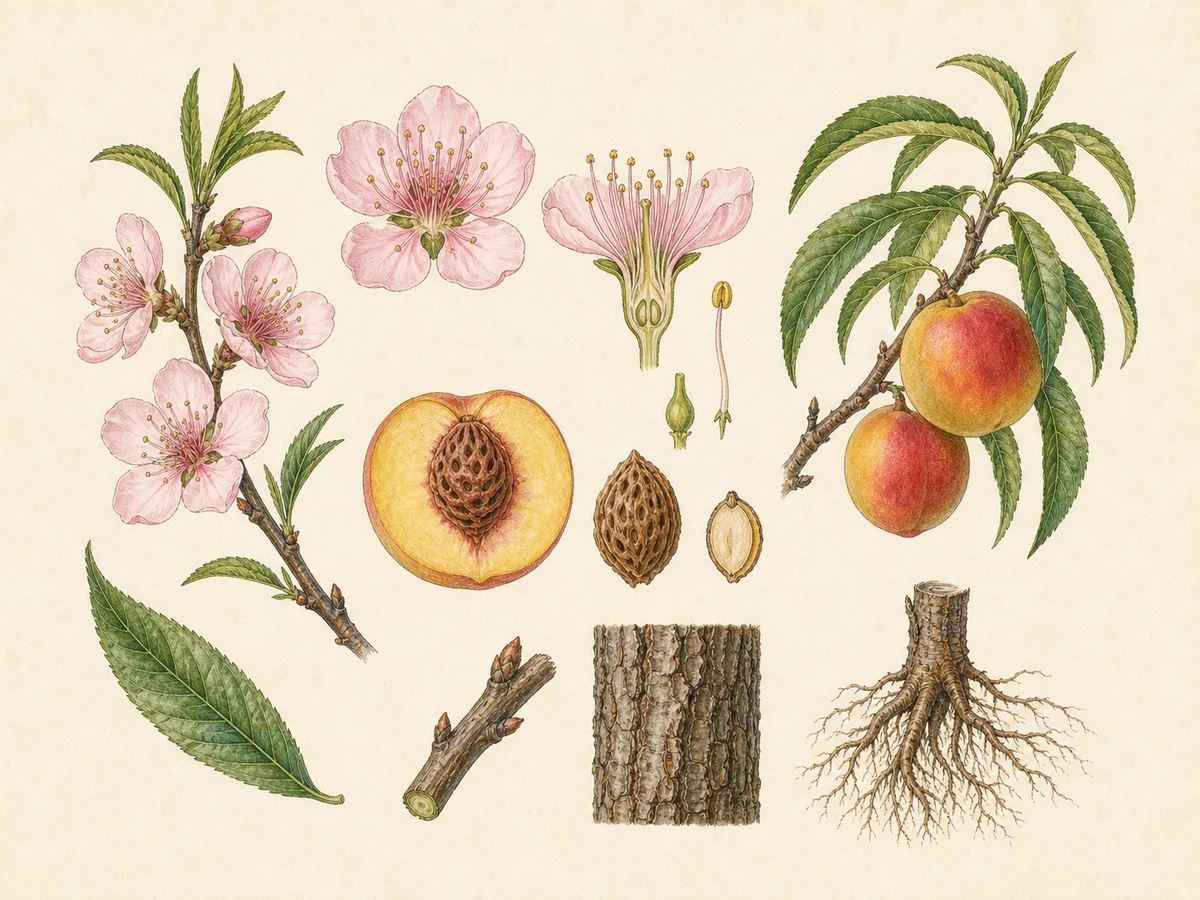 Prancha botânica complementar de Pessegueiro (Prunus persica) com caracteres de identificação e ciclo de vida