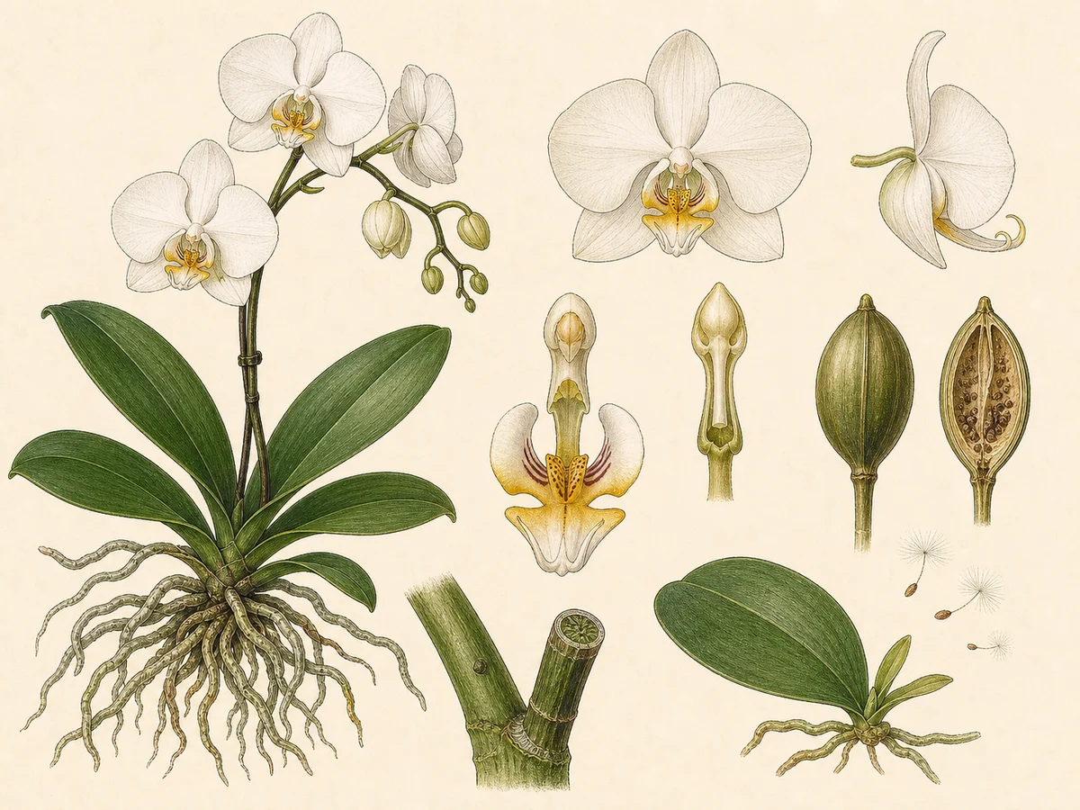 Prancha botânica complementar de Orquídea-borboleta (Phalaenopsis amabilis) com caracteres de identificação e ciclo de vida