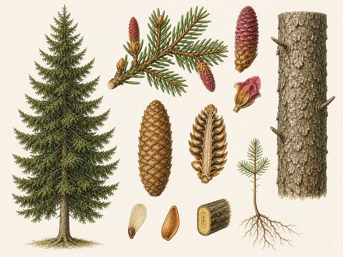 Prancha botânica complementar de Pícea-comum (Picea abies) com caracteres de identificação e ciclo de vida