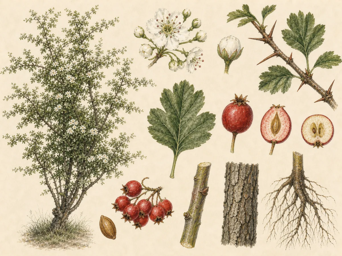 Prancha botânica complementar de Pilriteiro (Crataegus monogyna) com caracteres de identificação e ciclo de vida