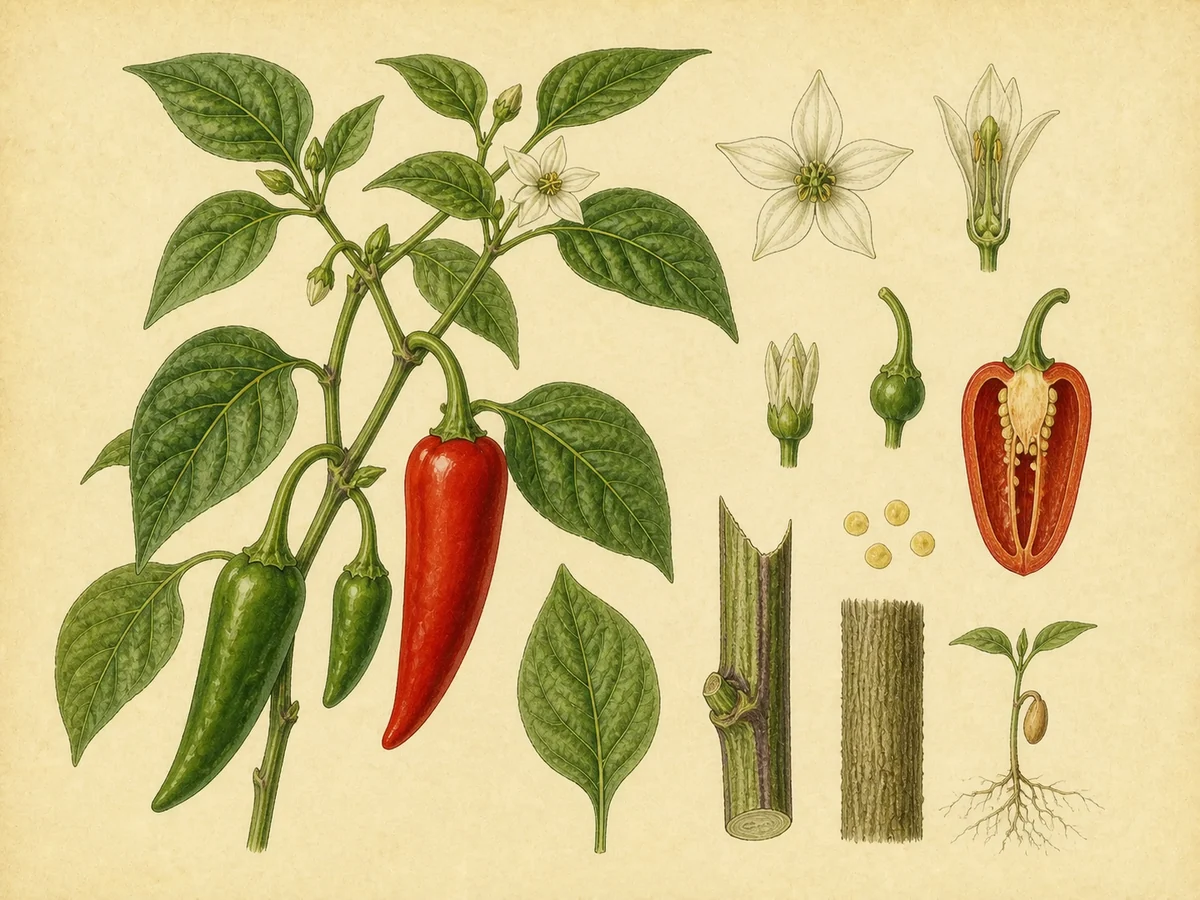 Prancha botânica complementar de Pimento (Capsicum annuum) com caracteres de identificação e ciclo de vida