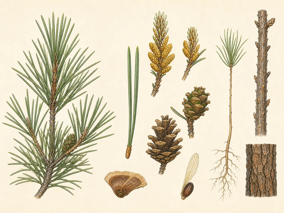 Prancha botânica complementar de Pinheiro-bravo (Pinus pinaster) com caracteres de identificação e ciclo de vida