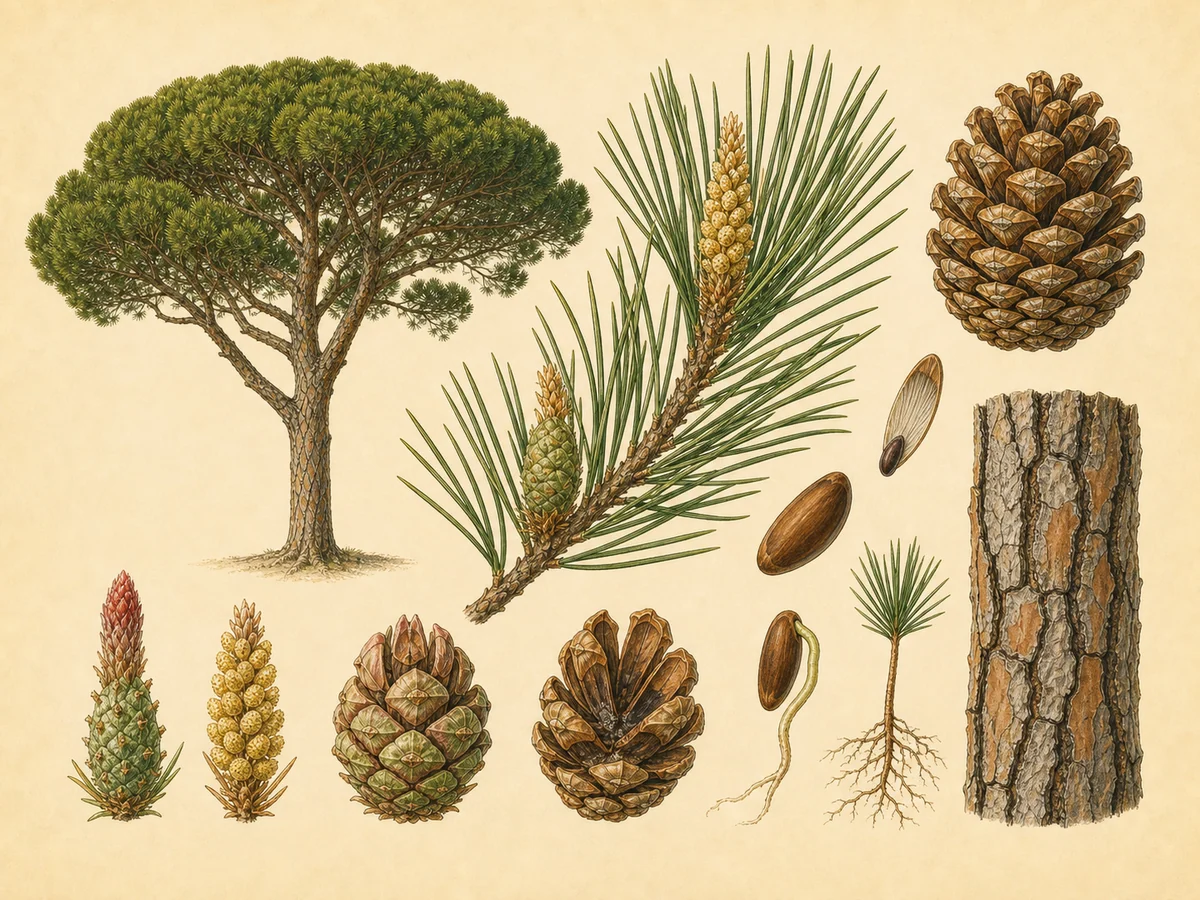 Prancha botânica complementar de Pinheiro-manso (Pinus pinea) com caracteres de identificação e ciclo de vida