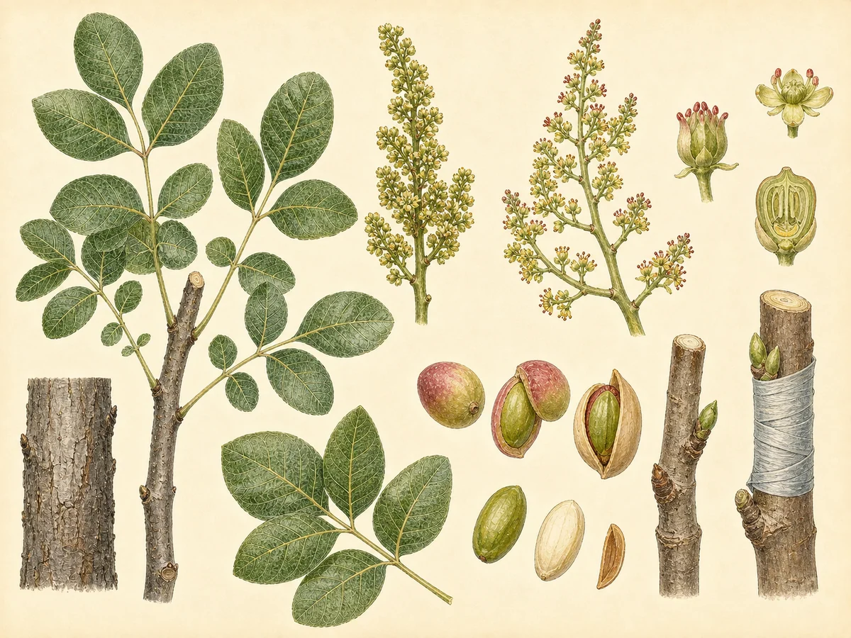 Prancha botânica complementar de Pistácio (Pistacia vera) com caracteres de identificação e ciclo de vida