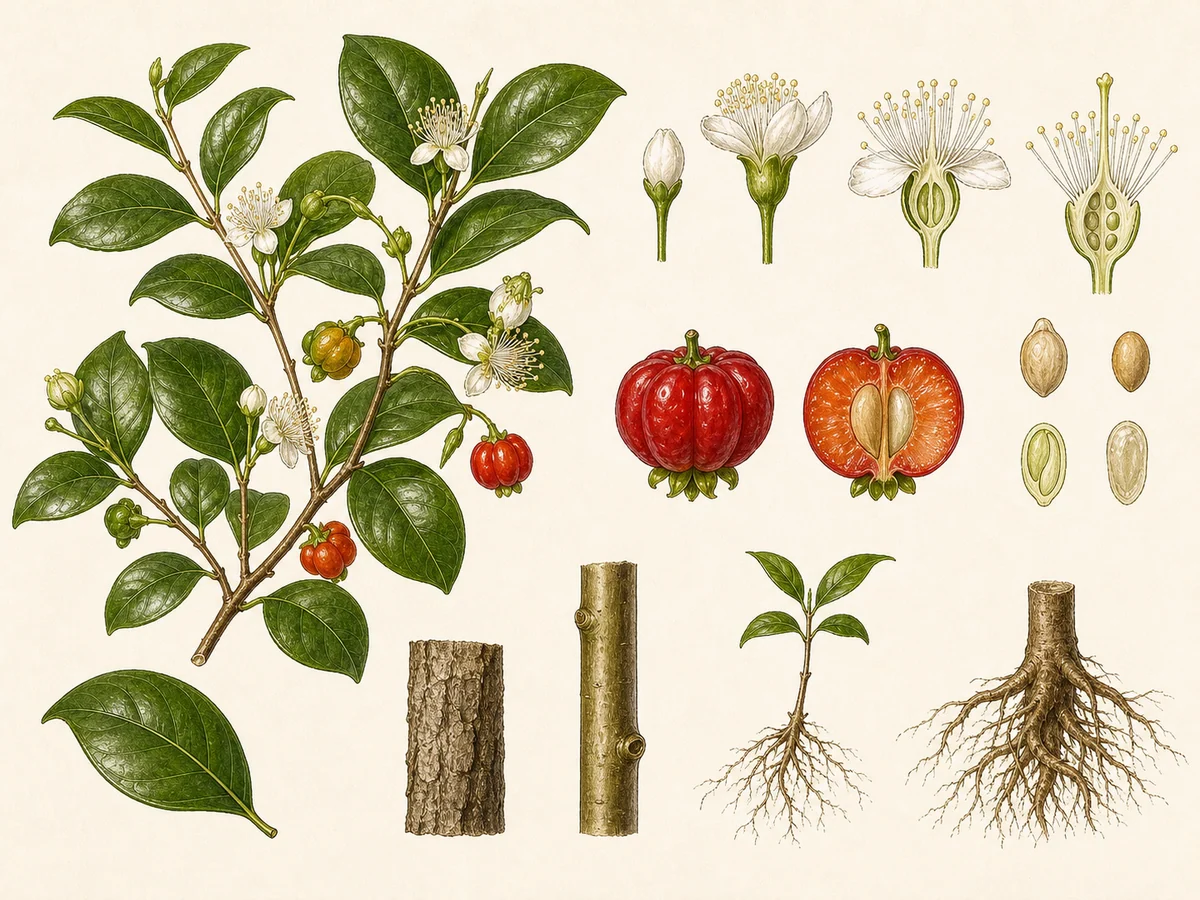 Prancha botânica complementar de Pitangueira (Eugenia uniflora) com caracteres de identificação e ciclo de vida