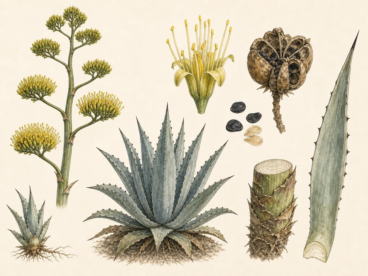 Prancha botânica complementar de Piteira — não plantar (Agave americana) com caracteres de identificação e ciclo de vida