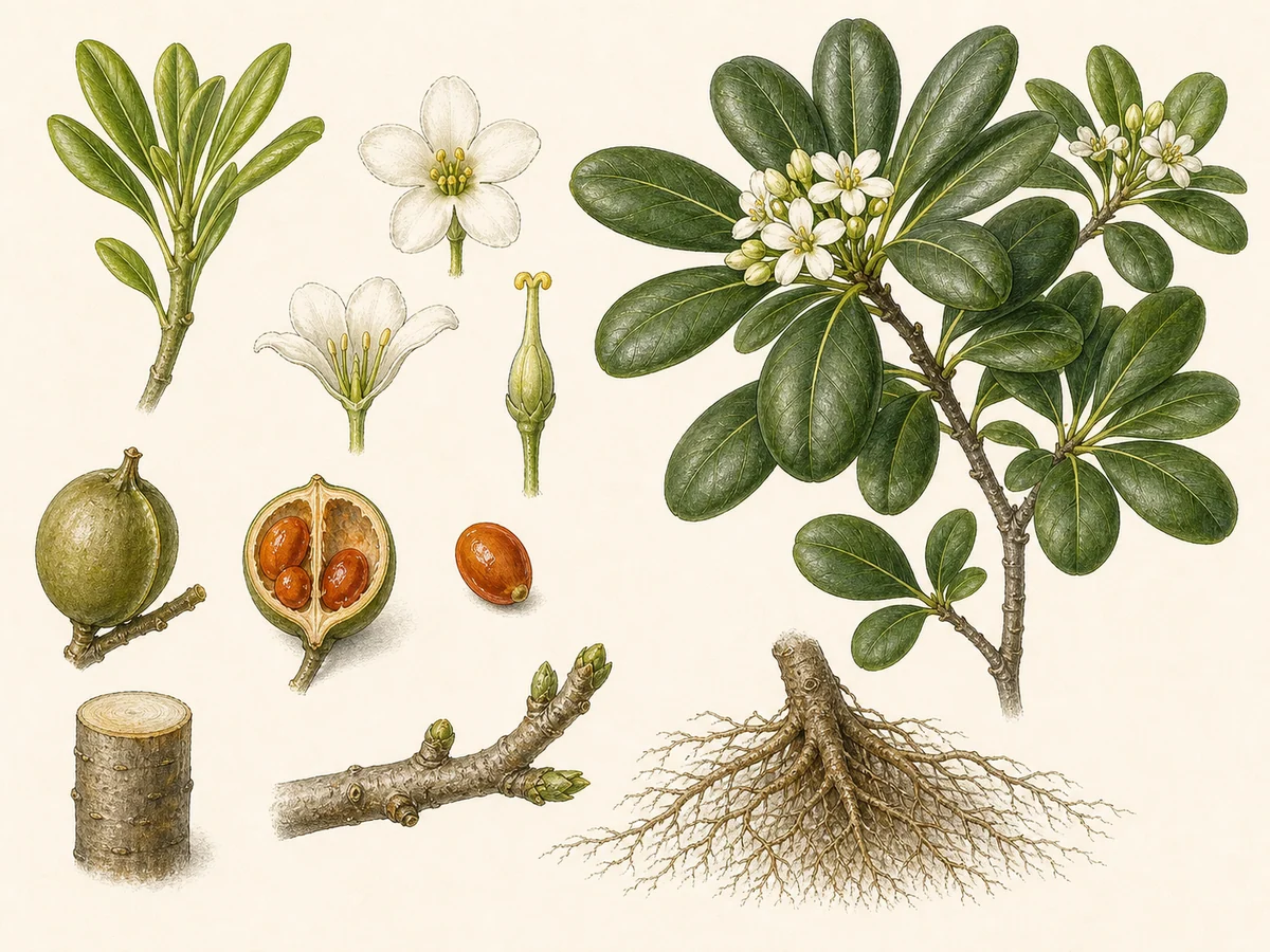 Prancha botânica complementar de Pitósporo-japonês (Pittosporum tobira) com caracteres de identificação e ciclo de vida