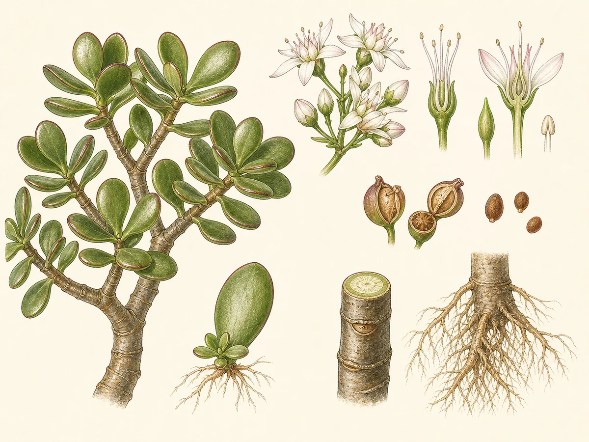 Prancha botânica complementar de Planta-jade (Crassula ovata) com caracteres de identificação e ciclo de vida