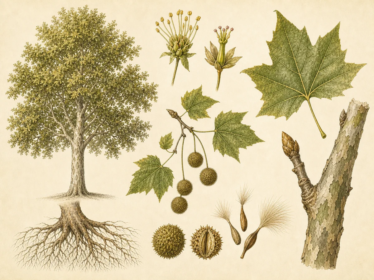 Prancha botânica complementar de Plátano-híbrido (Platanus × hispanica) com caracteres de identificação e ciclo de vida