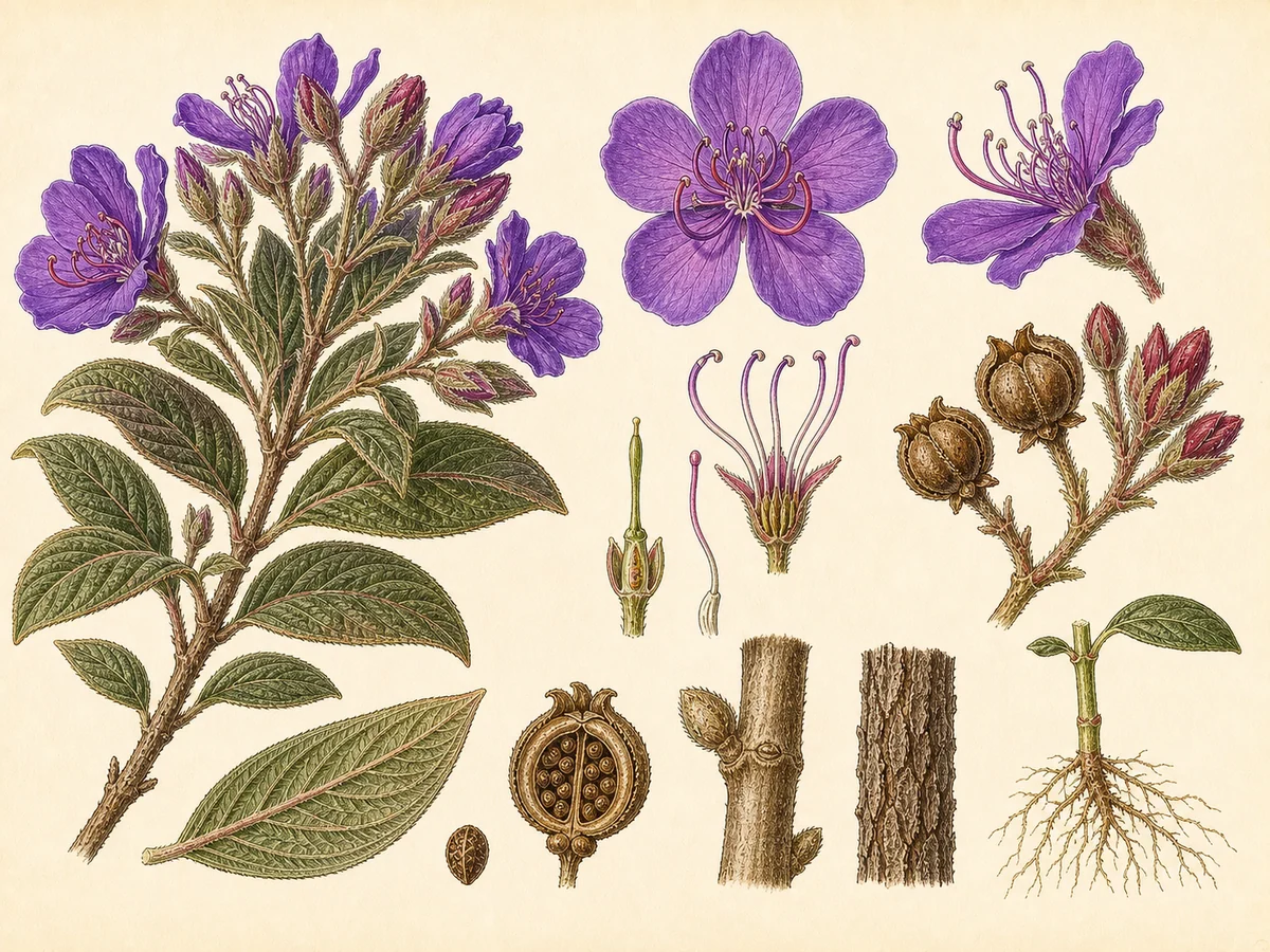 Prancha botânica complementar de Quaresmeira (Pleroma urvilleanum) com caracteres de identificação e ciclo de vida