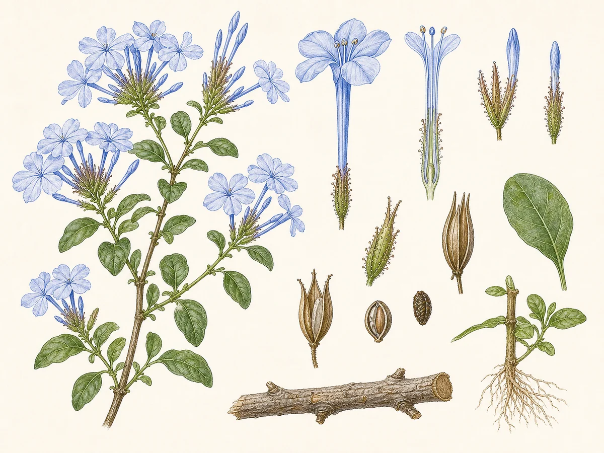 Prancha botânica complementar de Plumbago-azul (Plumbago auriculata) com caracteres de identificação e ciclo de vida