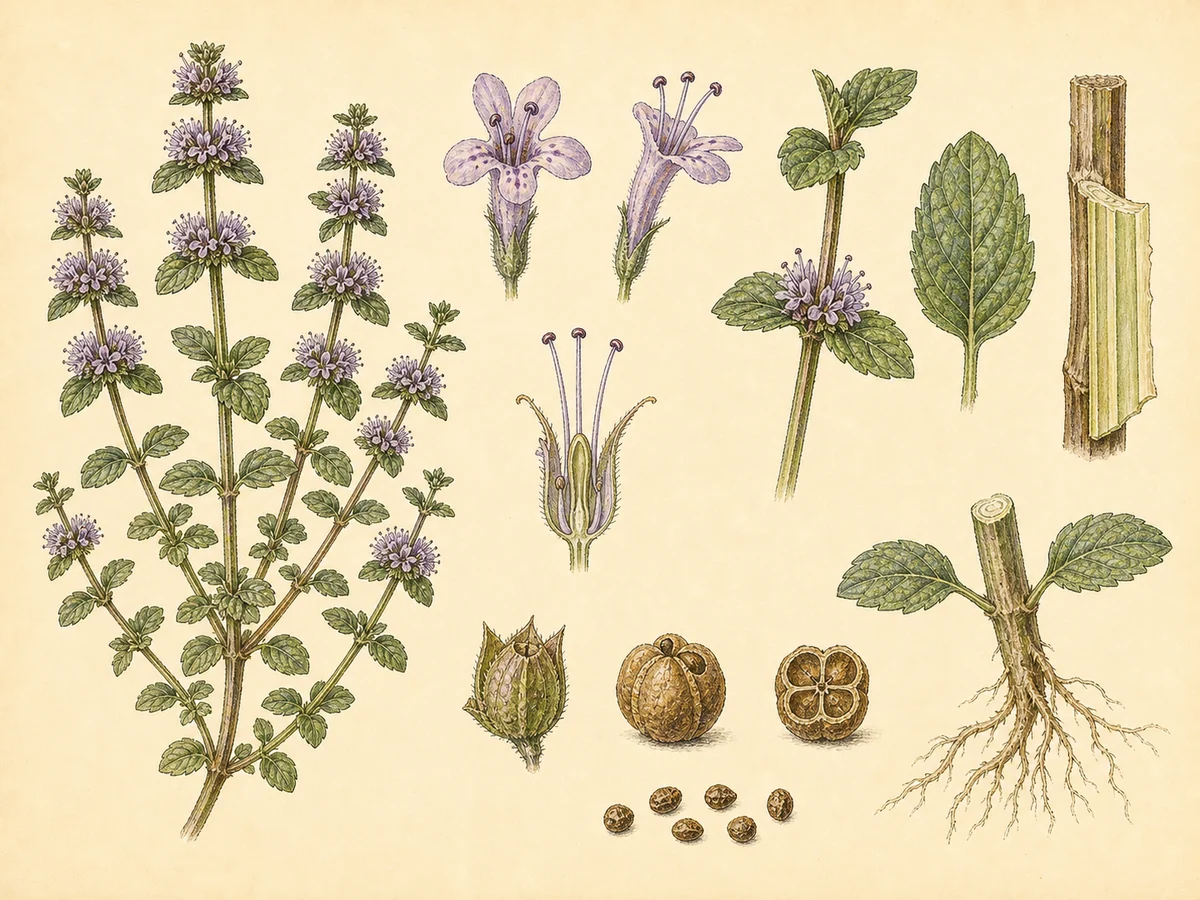 Prancha botânica complementar de Poejo (Mentha pulegium) com caracteres de identificação e ciclo de vida