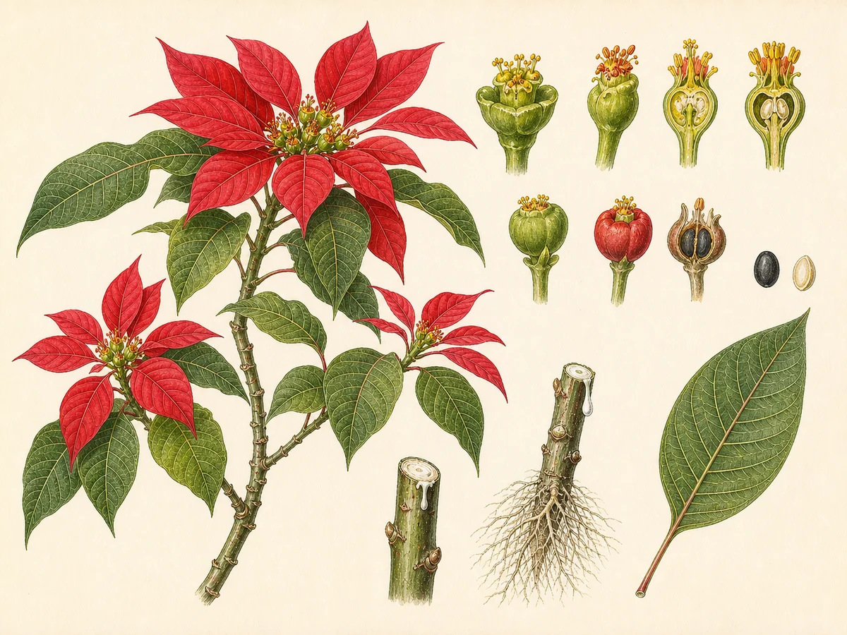 Prancha botânica complementar de Poinsétia (Euphorbia pulcherrima) com caracteres de identificação e ciclo de vida