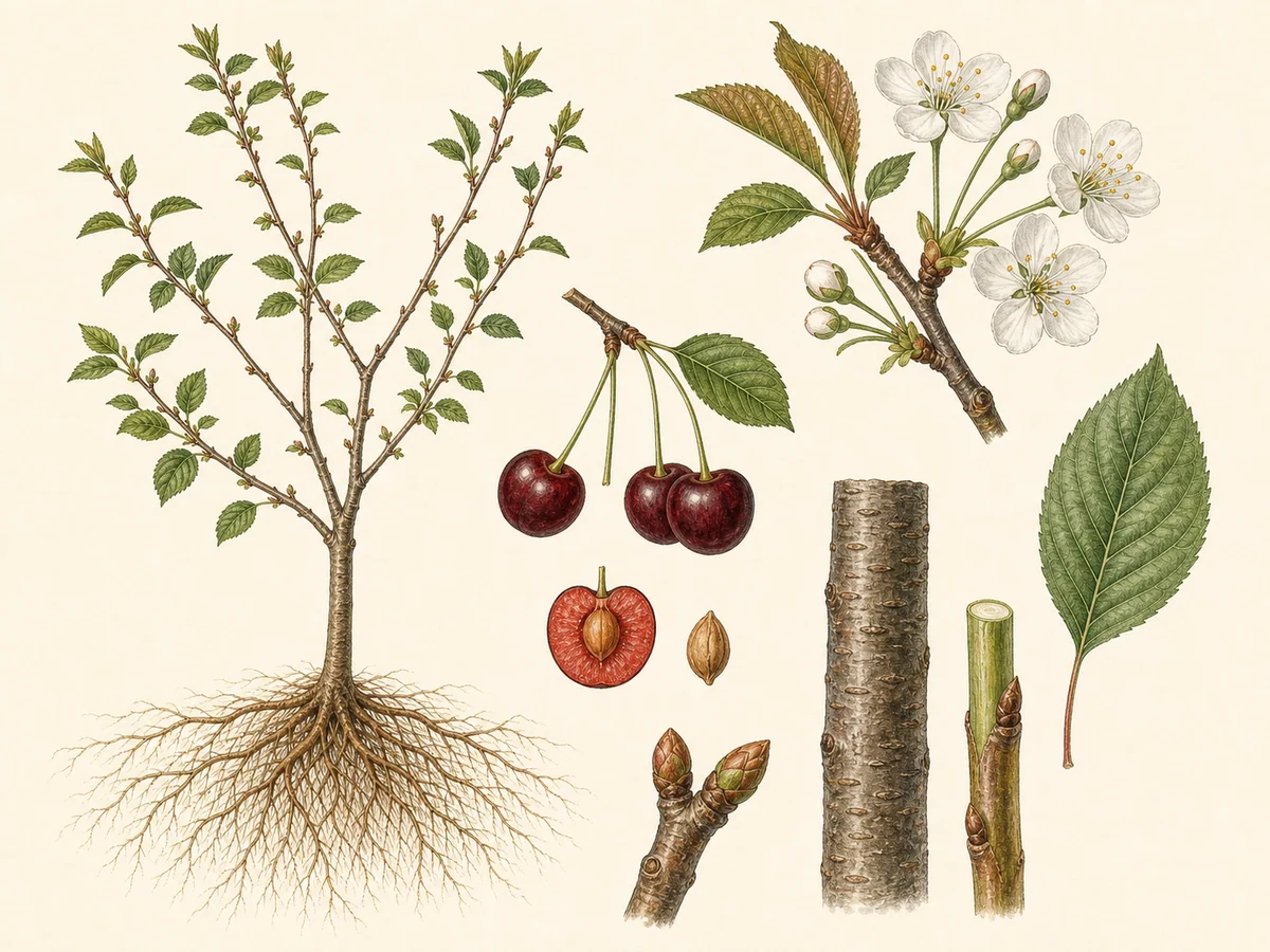 Prancha botânica complementar de Porta-enxerto CAB 6P (Prunus cerasus 'CAB 6P') com caracteres de identificação e ciclo de vida