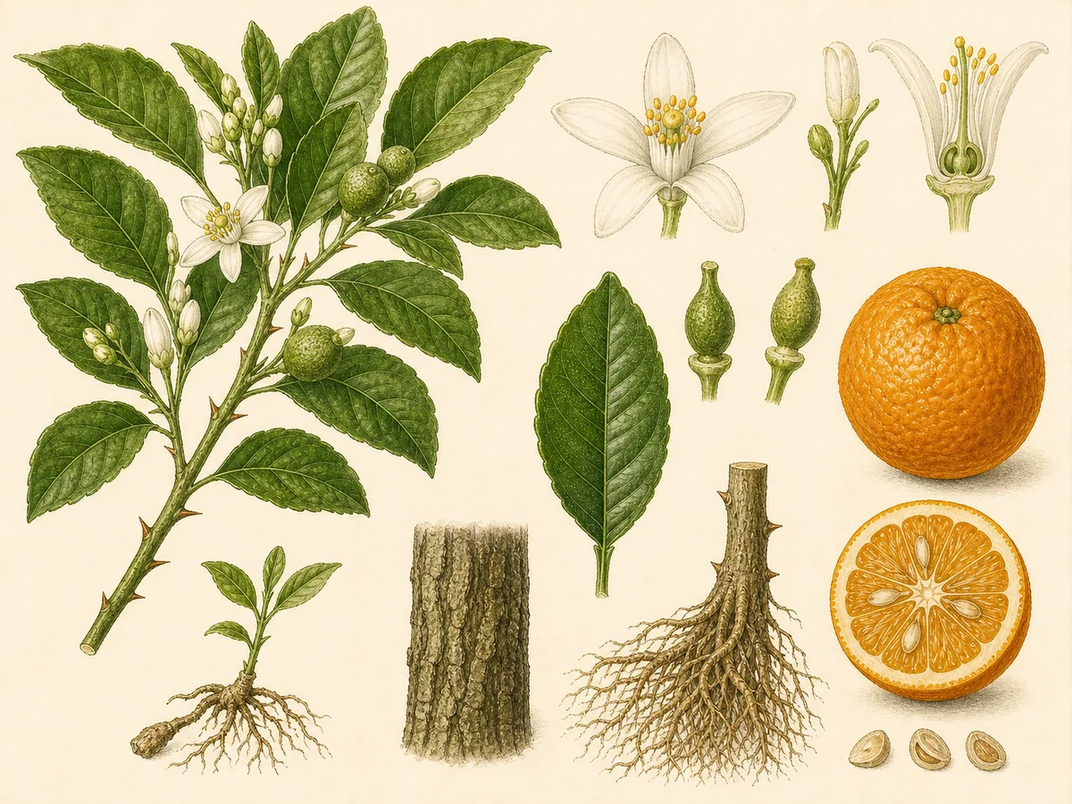 Prancha botânica complementar de Porta-enxerto laranjeira-azeda (Citrus × aurantium (seleção para porta-enxerto)) com caracteres de identificação e ciclo de vida