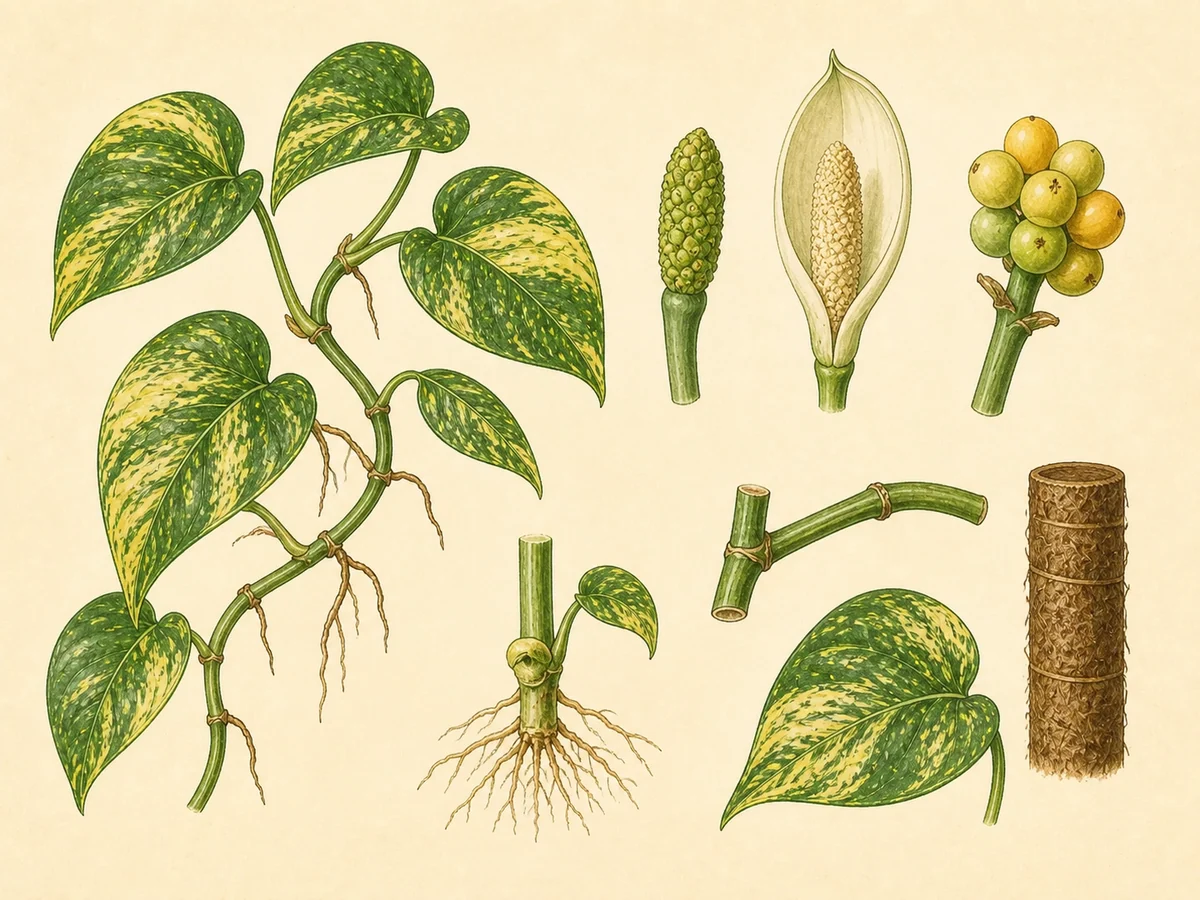 Prancha botânica complementar de Pothos (Epipremnum aureum) com caracteres de identificação e ciclo de vida