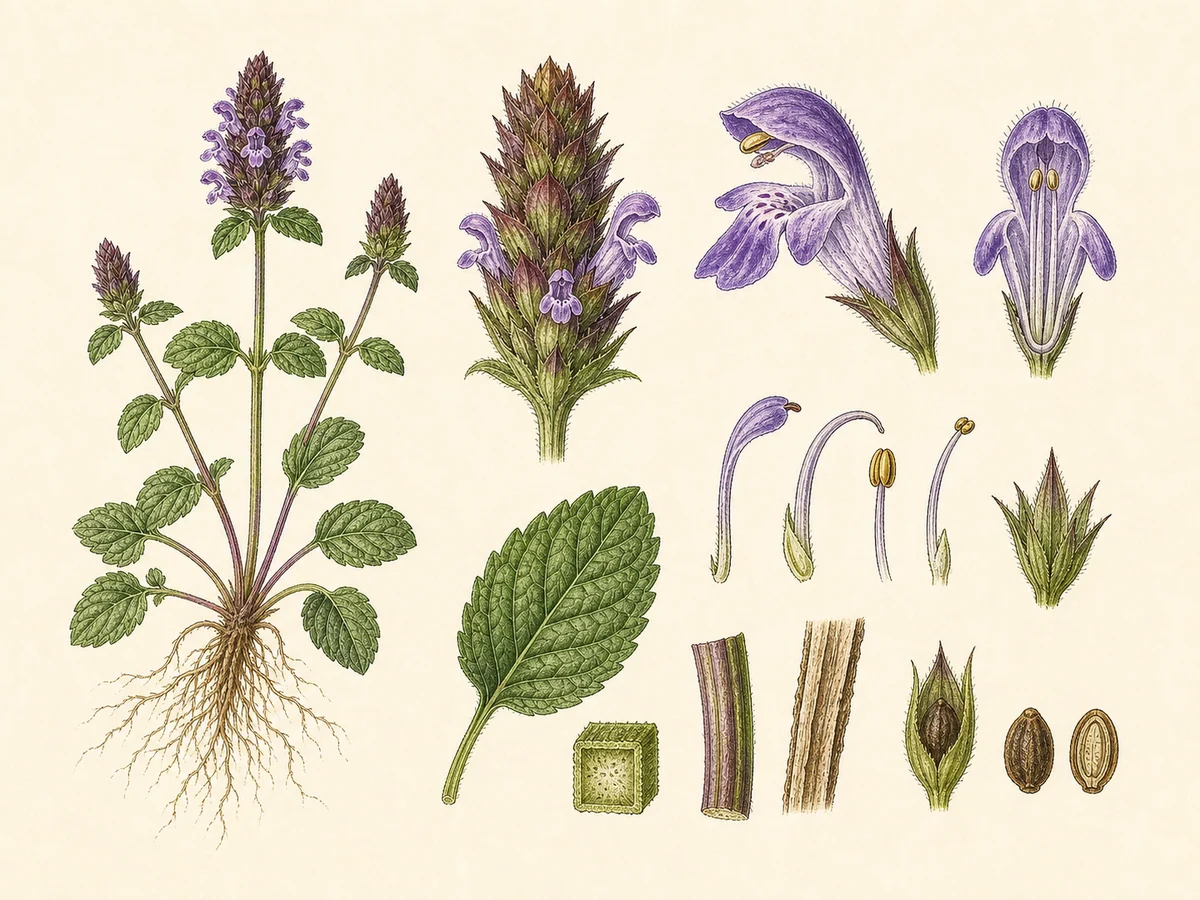 Prancha botânica complementar de Prunela (Prunella vulgaris) com caracteres de identificação e ciclo de vida