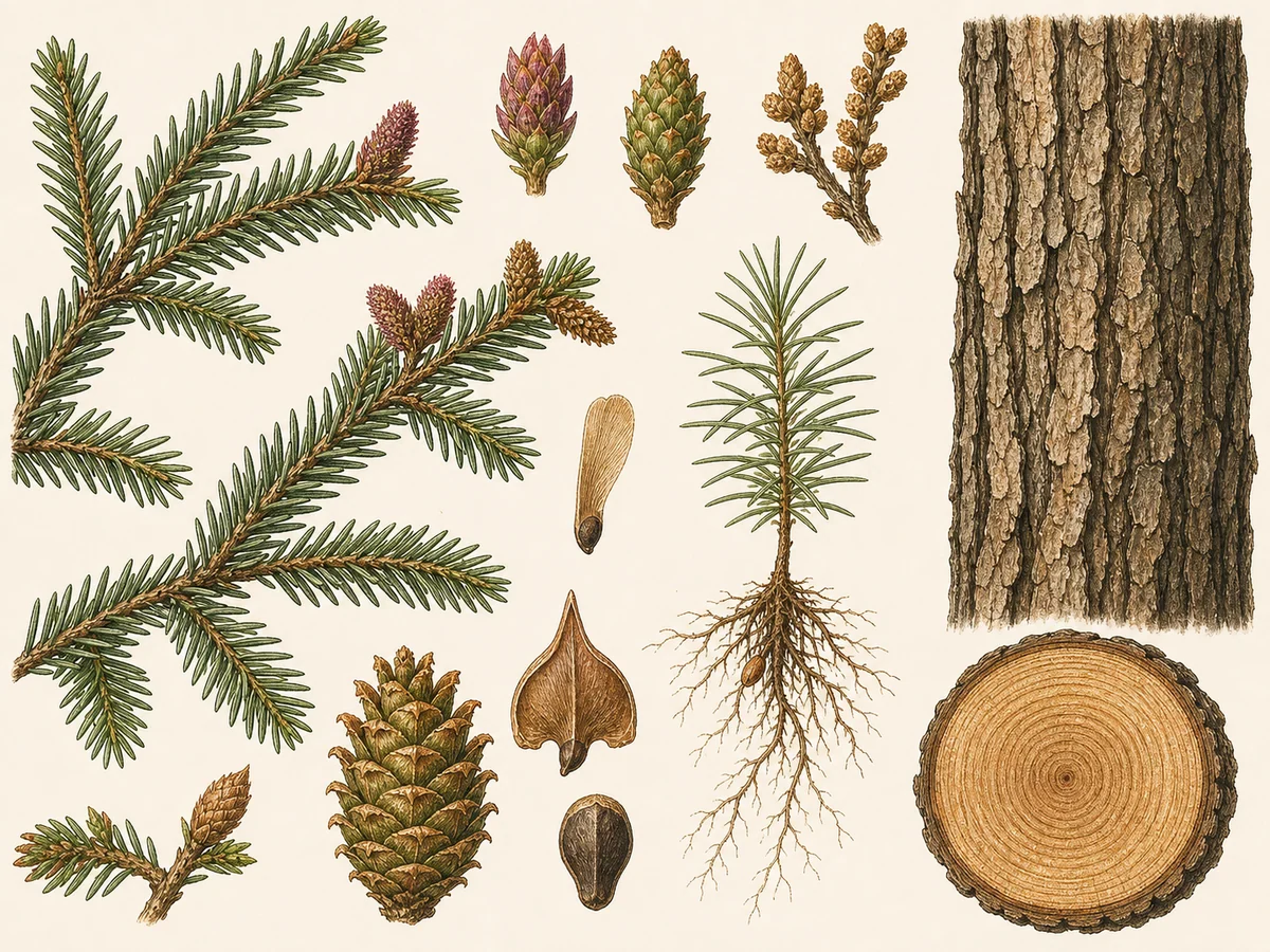 Prancha botânica complementar de Pseudotsuga (Pseudotsuga menziesii) com caracteres de identificação e ciclo de vida