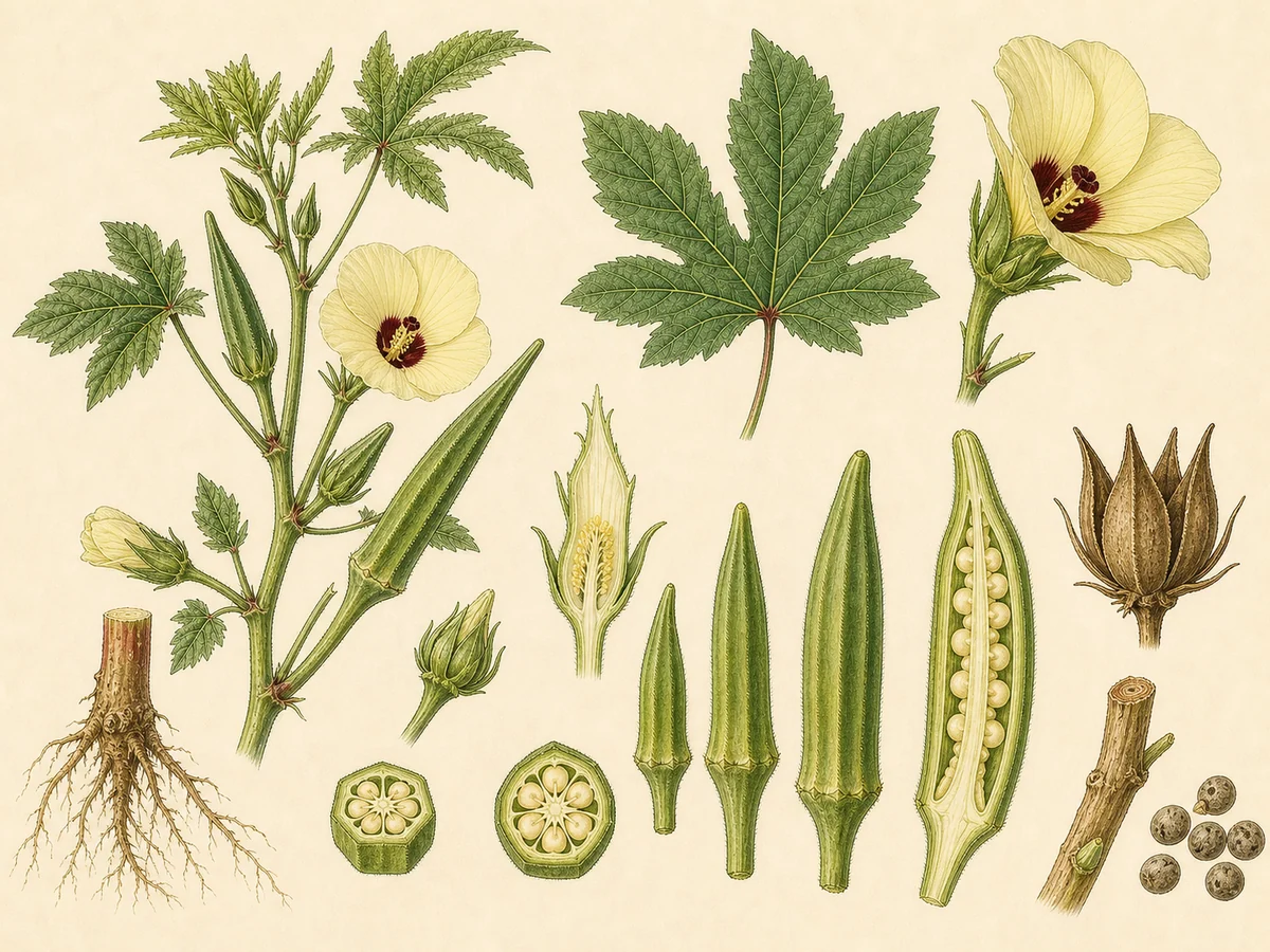 Prancha botânica complementar de Quiabo (Abelmoschus esculentus) com caracteres de identificação e ciclo de vida